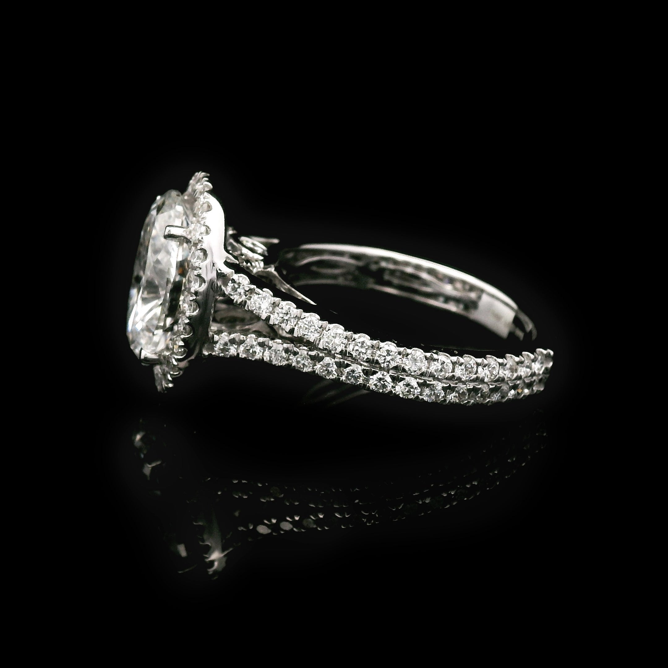 3 carat lab created oval diamond with halo and split shank side